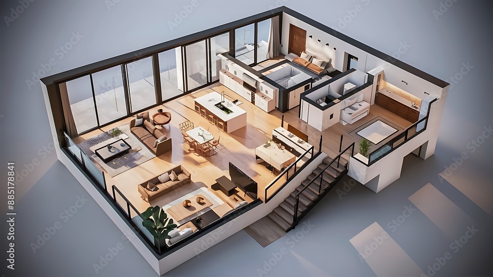 3D Floor plan of a home 3D illustration Open concept living apartment ...