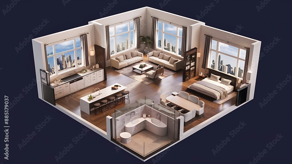 3D Floor plan of a home 3D illustration Open concept living apartment layout background 3D Floor plan of a home 3D illustration Open concept living apartment layout background