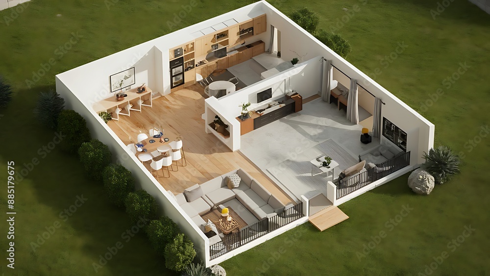 3D Floor plan of a home 3D illustration Open concept living apartment layout background 3D Floor plan of a home 3D illustration Open concept living apartment layout background