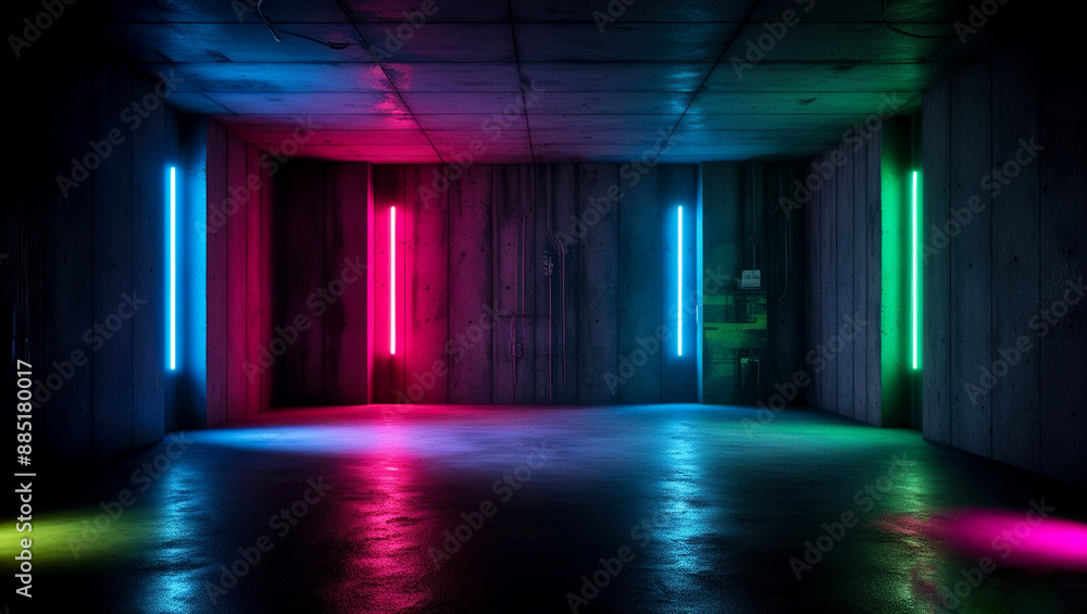 Concrete room with colorful neon lights, Room with glowing blue red green neon lights on a dark background Concrete room with colorful neon lights, Room with glowing blue red green neon lights on a dark background