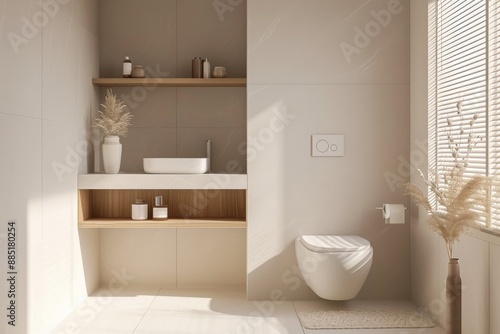 A compact bathroom with a shelving unit and a toilet.