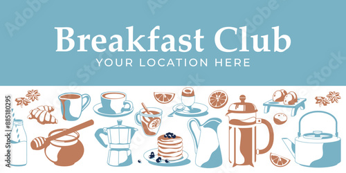 Horizontal set of traditional breakfast. Blue and brown colors. Vector flat illustration. Cafe and restaurant menu.