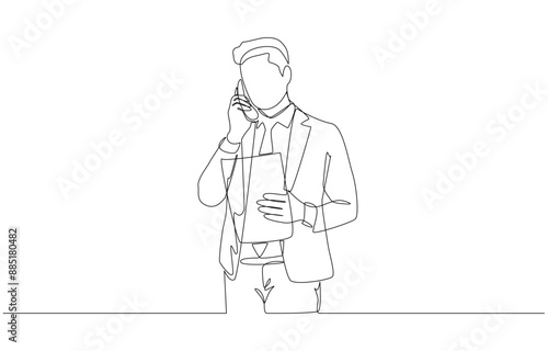 Continuous one line drawing of businessman holding document and making phone call, business communication concept, single line art.
