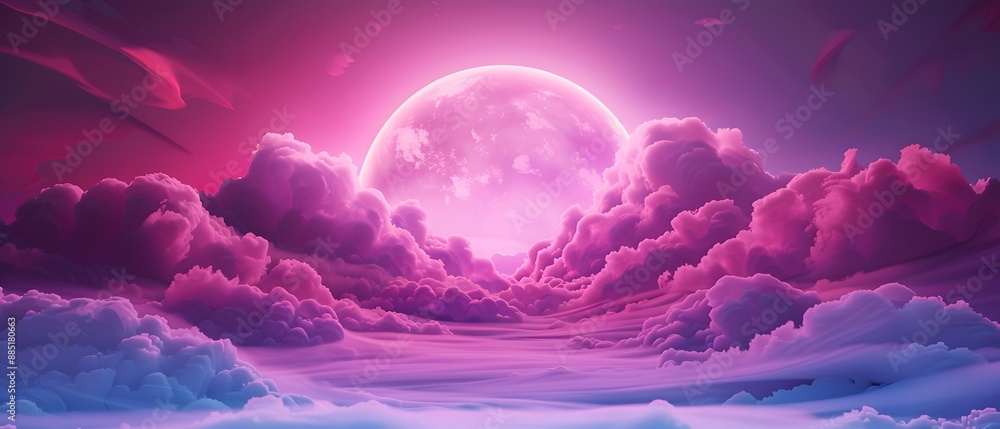 A pink moon shines brightly over a field of fluffy clouds. A pink moon shines brightly over a field of fluffy clouds.