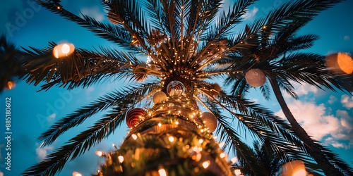 photograph of a palm tree decorated for Christmas, viewed from bottom to top. Happy New Year and Merry Christmas photo