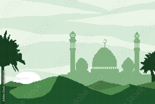 Pixel art themed on the month of Ramadan, a Muslim tradition. There is a mosque building in the middle of the green desert