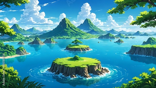 An island is a piece of land surrounded by water, anime style 