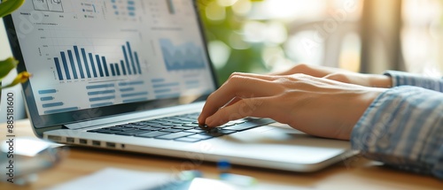 Close-up of hands typing on a laptop with a graph displayed on the screen.