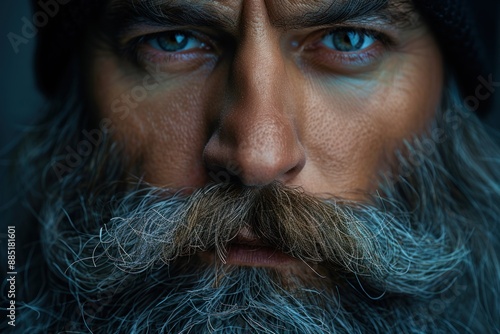 A man with a long grey beard and blue eyes stares intensely at the camera