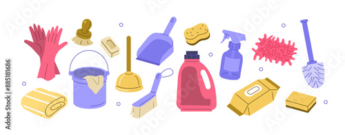 Household clean up tools set. Collections of chemical detergents, plunger, brush and other types of cleaning supplies. Vector illustration.