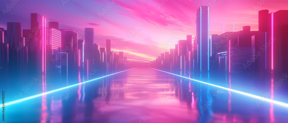 Neon cityscape with a glowing blue laser beam reflecting off a pink water surface. Neon cityscape with a glowing blue laser beam reflecting off a pink water surface.