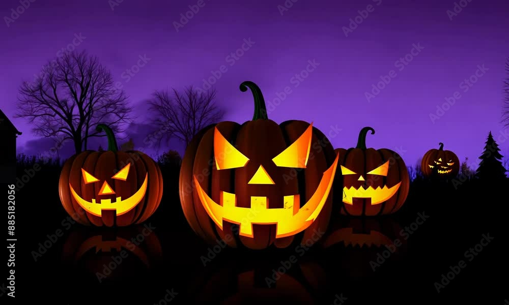 A group of flickering jack-o'-lanterns glowing brightly at night with a purple sky. This spooky and festive scene captures the essence of Halloween, perfect for decorations and themed celebrations A group of flickering jack-o'-lanterns glowing brightly at night with a purple sky. This spooky and festive scene captures the essence of Halloween, perfect for decorations and themed celebrations