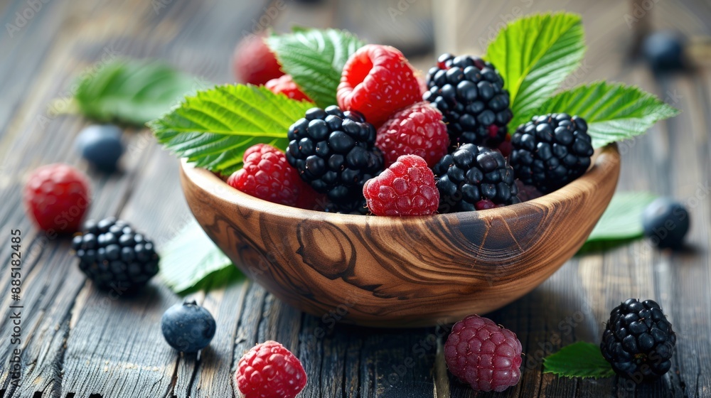 A wooden bowl of fresh berries with leaves. Generate AI image A wooden bowl of fresh berries with leaves. Generate AI image