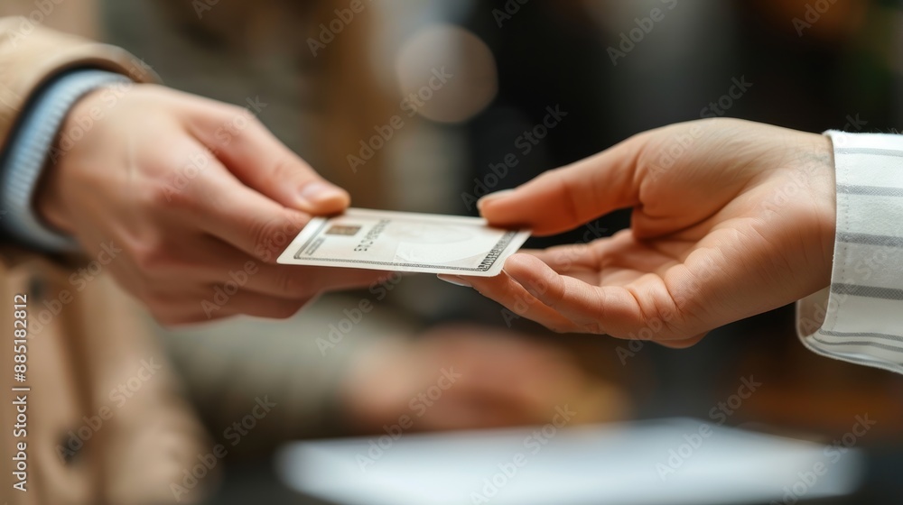A close-up image showing a person handing over a folded banknote to another individual, suggesting a financial transaction or exchange of money in a business setting A close-up image showing a person handing over a folded banknote to another individual, suggesting a financial transaction or exchange of money in a business setting