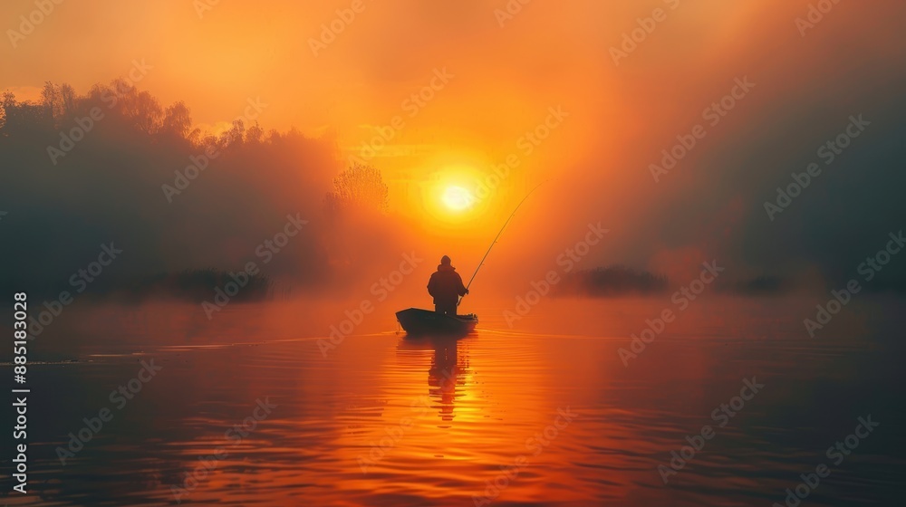 A fisherman in a small boat silhouetted against an ethereal sunrise, casting a fishing rod on a calm, misty lake surrounded by trees A fisherman in a small boat silhouetted against an ethereal sunrise, casting a fishing rod on a calm, misty lake surrounded by trees