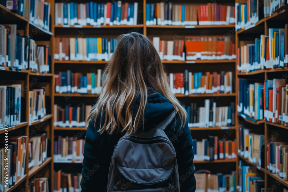 Back view of a girl surrounded by books in the library. Knowledge, education, and learning concept Back view of a girl surrounded by books in the library. Knowledge, education, and learning concept