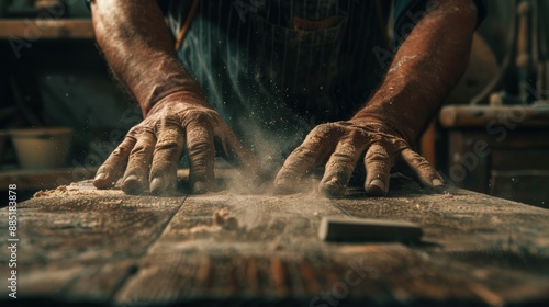 Close up of hands with dust on a wooden table. Generate AI image