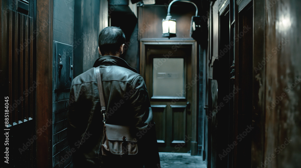A person wearing a leather jacket is walking in a dimly lit narrow hallway towards a door with a lamp above it. A person wearing a leather jacket is walking in a dimly lit narrow hallway towards a door with a lamp above it.