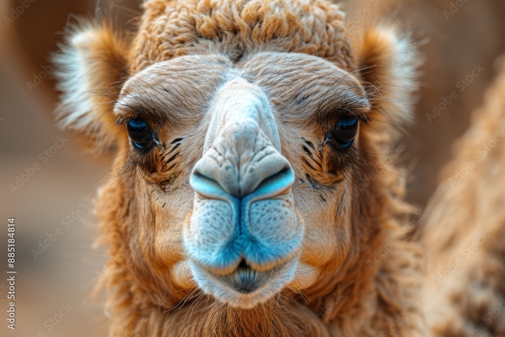 Obraz premium A close-up image of a camel's face, showcasing its detailed features, soft fur, and expressive eyes, set against a blurred desert background, highlighting the animal's natural habitat and beauty