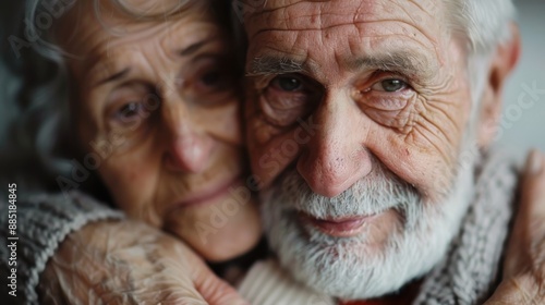 An intimate close-up of an elderly couple embracing each other lovingly, their faces touching, capturing deep affection and a lifetime of shared experiences. photo