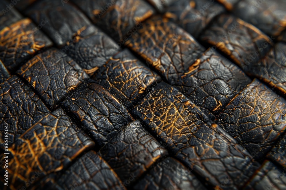 Close-up photograph of a textured, woven material showcasing a rich, dark brown leather pattern with intricate, golden veins and interlaced details Close-up photograph of a textured, woven material showcasing a rich, dark brown leather pattern with intricate, golden veins and interlaced details