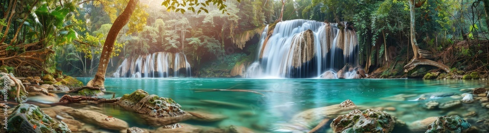 Obraz premium Tranquil Waterfall in Lush Tropical Forest