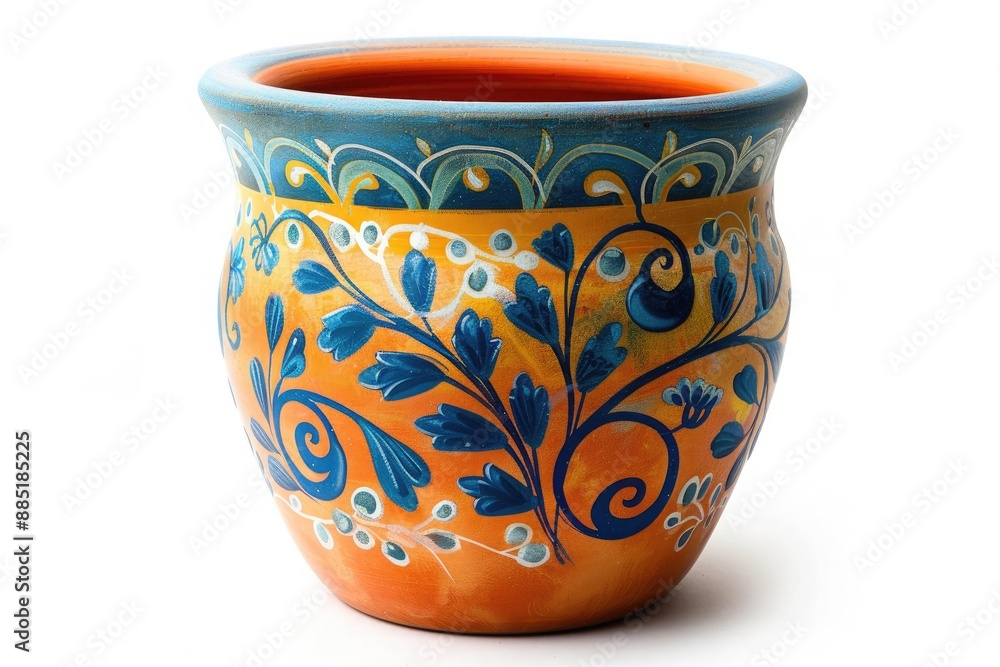 orange pot with a blue and yellow design orange pot with a blue and yellow design