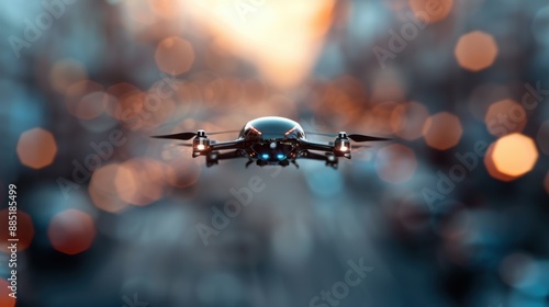 A drone is seen hovering above an urban street during sunset, representing the intersection of technology, exploration, and the beauty of city life at dusk.