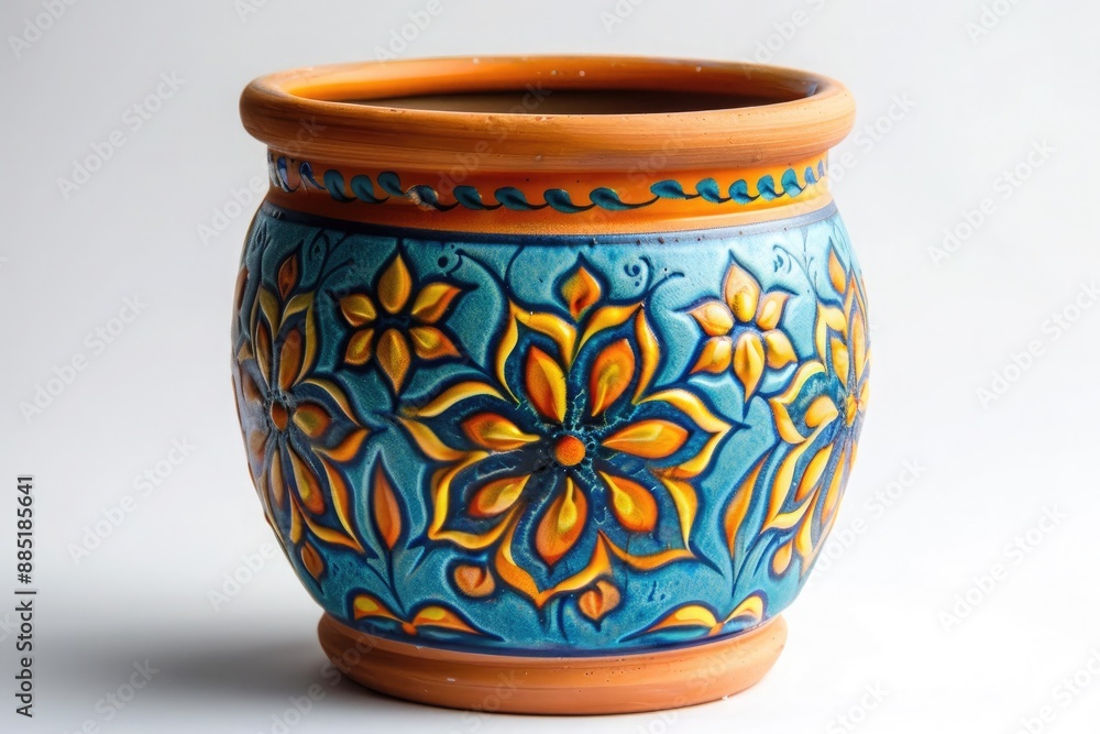 orange pot with a blue and yellow design orange pot with a blue and yellow design