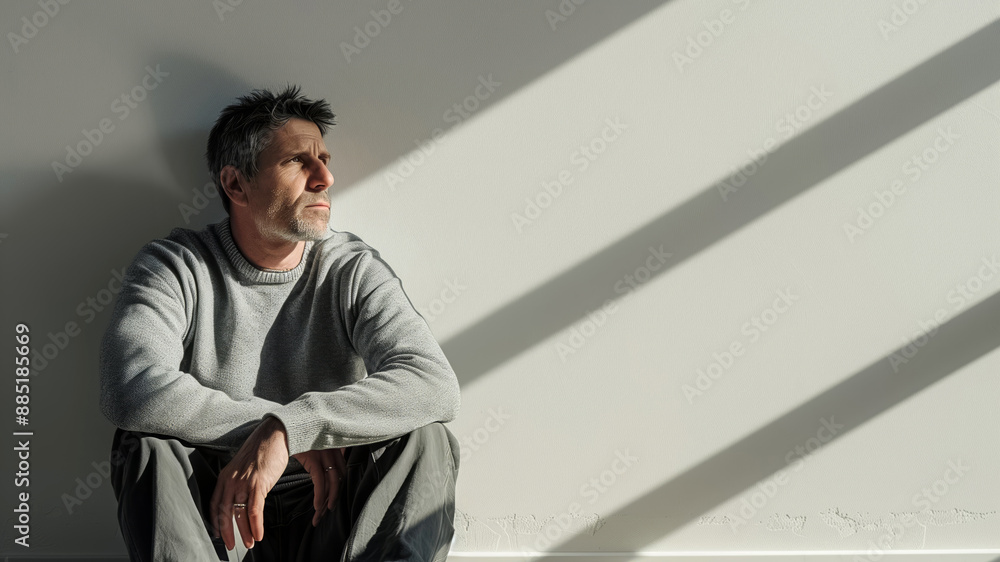 Obraz premium A man, dressed in gray, sits by a window in sunlight, lost in deep contemplation and thought, exuding calm and serenity in his solitary moment