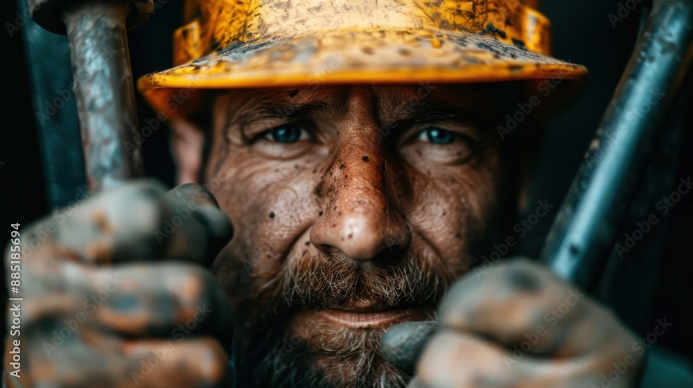 A worker in a yellow helmet is shown holding tools in both hands, with a strong focus on the worn gloves. The image embodies hard work and dedication in industrial settings.