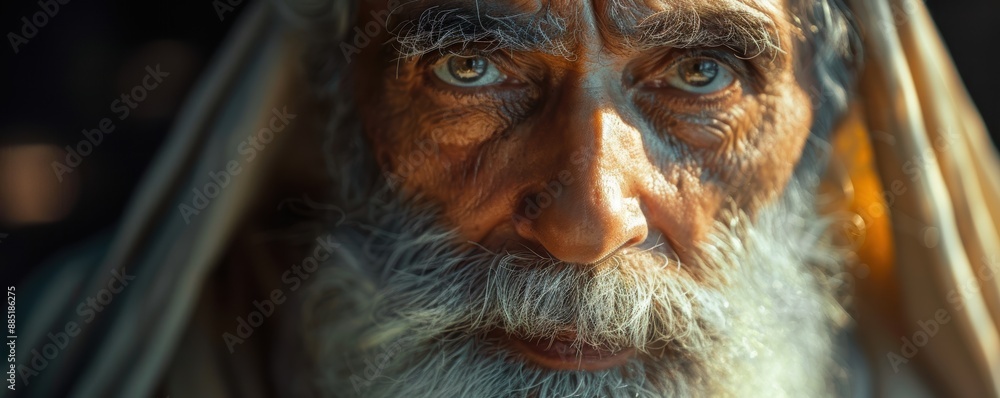 A highly detailed close-up portrait of an elderly man with expressive eyes and a long white beard, wearing traditional attire and captured under natural light A highly detailed close-up portrait of an elderly man with expressive eyes and a long white beard, wearing traditional attire and captured under natural light