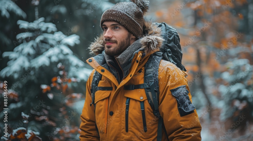 Portrait of a young man in an autumn forest, wearing a yellow jacket and a brown knit hat, with a backpack, surrounded by snow-covered trees Portrait of a young man in an autumn forest, wearing a yellow jacket and a brown knit hat, with a backpack, surrounded by snow-covered trees