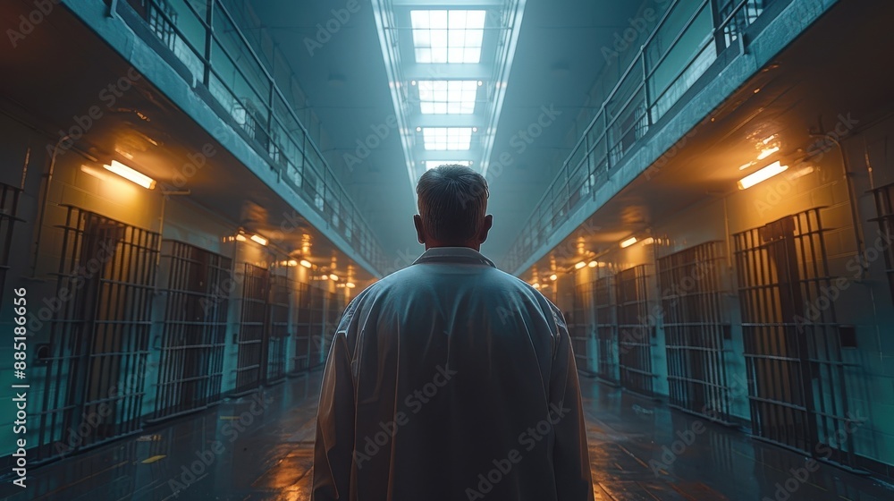 A dimly lit prison interior with rows of cells and a person standing in ...