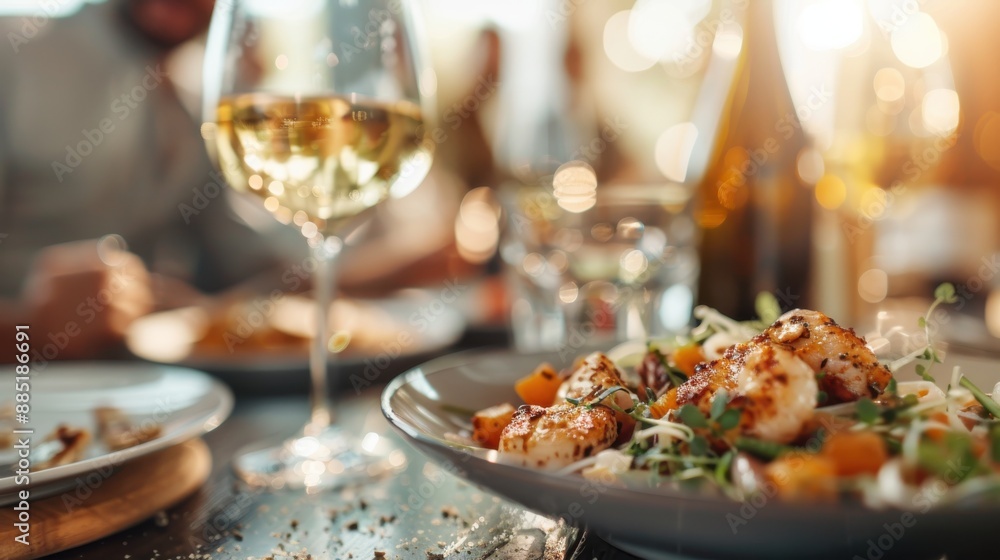An elegant dinner table setup featuring a plate of gourmet food, a glass of white wine, and a warm, inviting atmosphere with sunlight filtering through the background. An elegant dinner table setup featuring a plate of gourmet food, a glass of white wine, and a warm, inviting atmosphere with sunlight filtering through the background.
