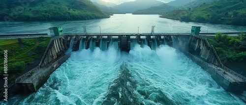 Water powerfully flows through the gates of a hydroelectric dam, set amidst a lush green landscape, showcasing renewable energy generation