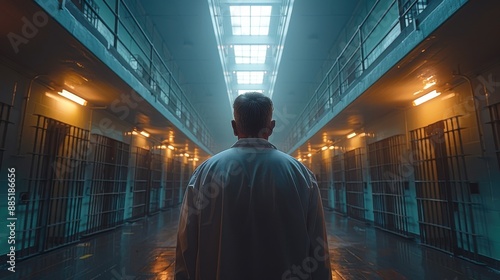 A dimly lit prison interior with rows of cells and a person standing in the middle, illustrating the isolation and confinement associated with incarceration and penitentiary life. photo