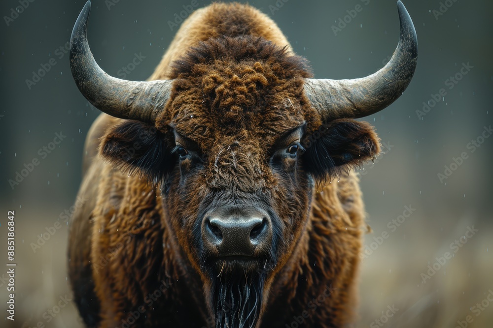 A majestic bison standing in the rain with droplets visible on its fur and a blurred natural background A majestic bison standing in the rain with droplets visible on its fur and a blurred natural background