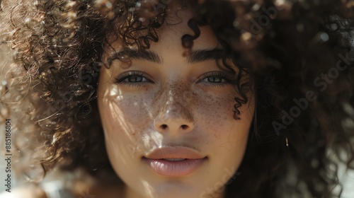 A young woman with curly hair and freckles looks directly at the camera.