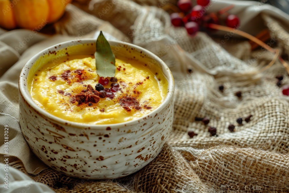 Yellow Pumpkin Soup on Rustic Tablecloth Burlap Background. Delicious Creamy Squash Puree Yellow Pumpkin Soup on Rustic Tablecloth Burlap Background. Delicious Creamy Squash Puree