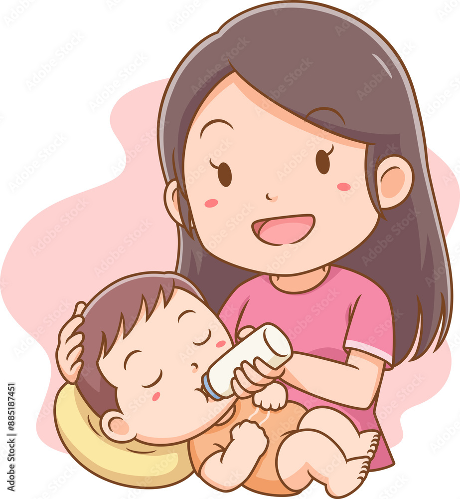 Cartoon illustration of mother feeding baby a bottle of milk. Happy Mother's Day. Cartoon illustration of mother feeding baby a bottle of milk. Happy Mother's Day.