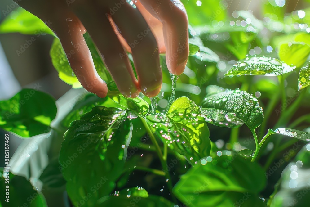 nurturing nature closeup of hands gently watering lush indoor plants soft natural light dewdrops glistening on vibrant leaves zenlike atmosphere nurturing nature closeup of hands gently watering lush indoor plants soft natural light dewdrops glistening on vibrant leaves zenlike atmosphere