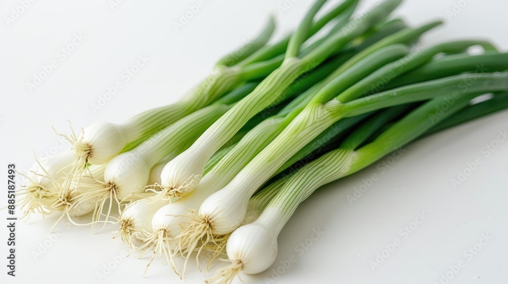 Fresh green onions on a white background, closeup, bright natural light, high detail Fresh green onions on a white background, closeup, bright natural light, high detail