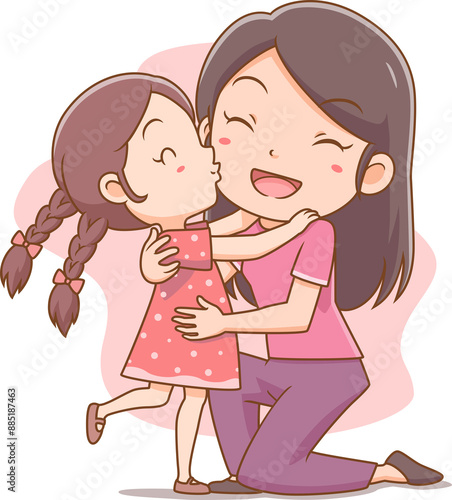 Cartoon illustration of cute little girl kissing mother's cheek. Happy Mother's Day.