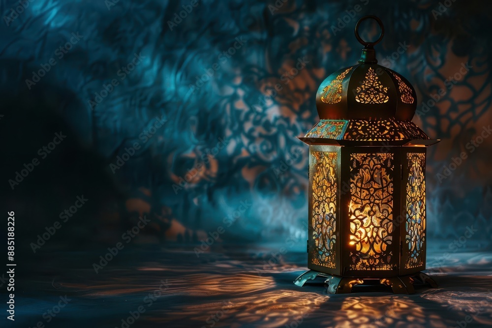 ornate arabian lantern casting intricate shadow patterns rich gold and deep blues against dark background evoking mystery and cultural richness ornate arabian lantern casting intricate shadow patterns rich gold and deep blues against dark background evoking mystery and cultural richness