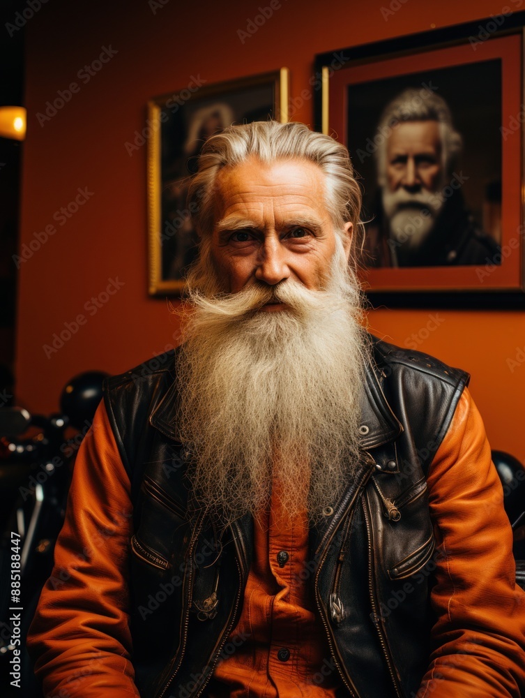 An older man with a long white beard sits in a leather jacket An older man with a long white beard sits in a leather jacket
