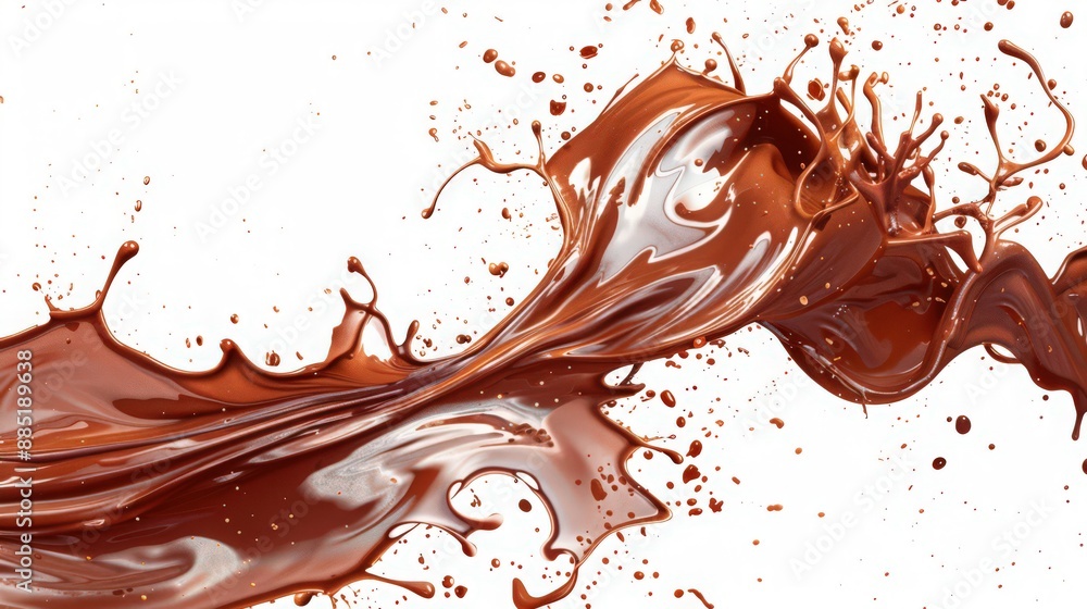 Abstract chocolate swirls and splashes on a pristine white background create a visually captivating design. Abstract chocolate swirls and splashes on a pristine white background create a visually captivating design.