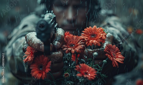 guns firing flowers in the hands of a soldier disarmament antiwar pacifism concept