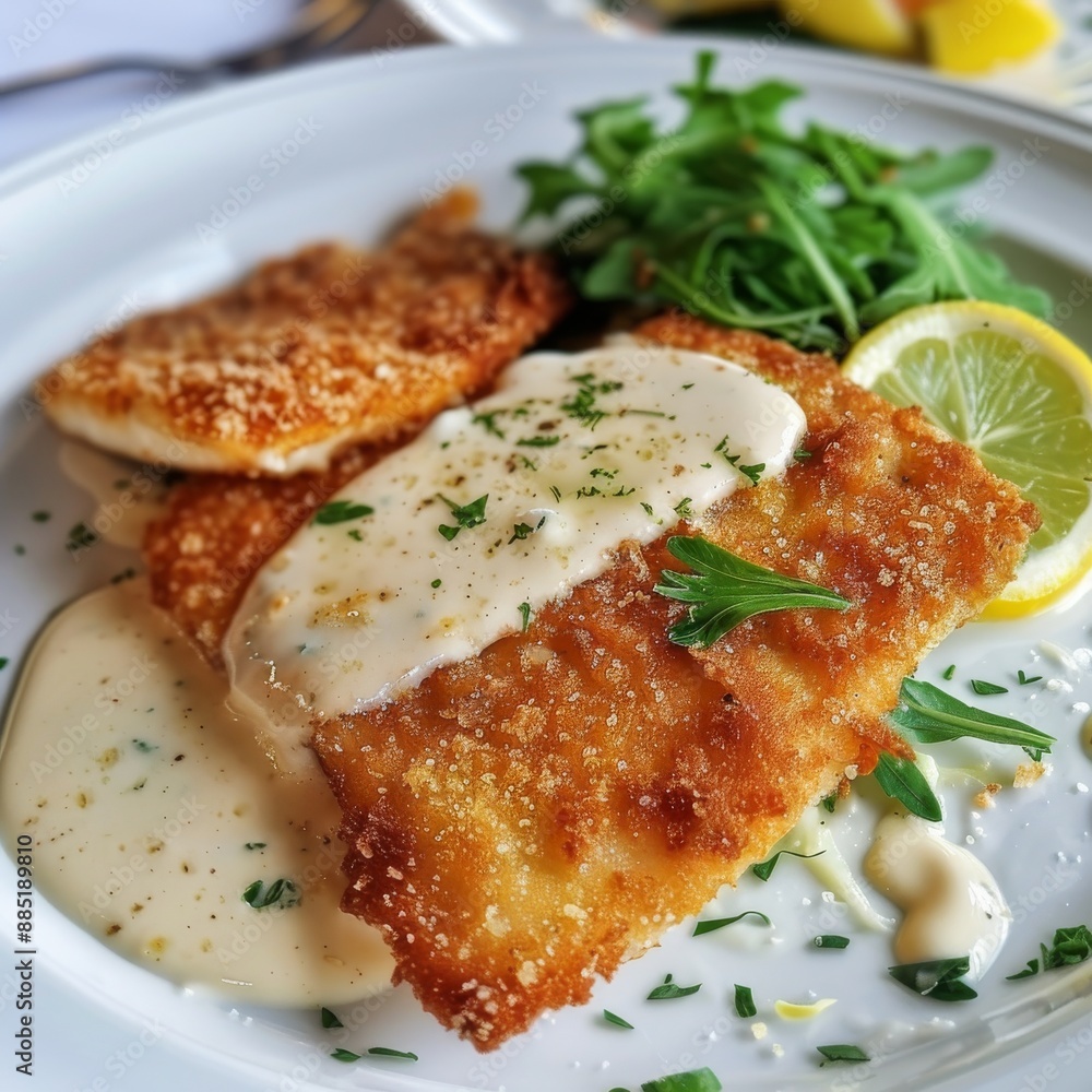 White Fish Fillet, Breaded Pike Perch, Zander Fillet with Cream Sauce Closeup, Restaurant Main Course White Fish Fillet, Breaded Pike Perch, Zander Fillet with Cream Sauce Closeup, Restaurant Main Course