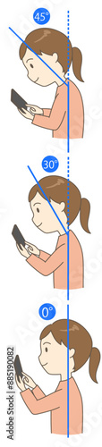 スマホを正しい姿勢と猫背で見ている若い女性の3つの角度の比較イラスト(タテ)